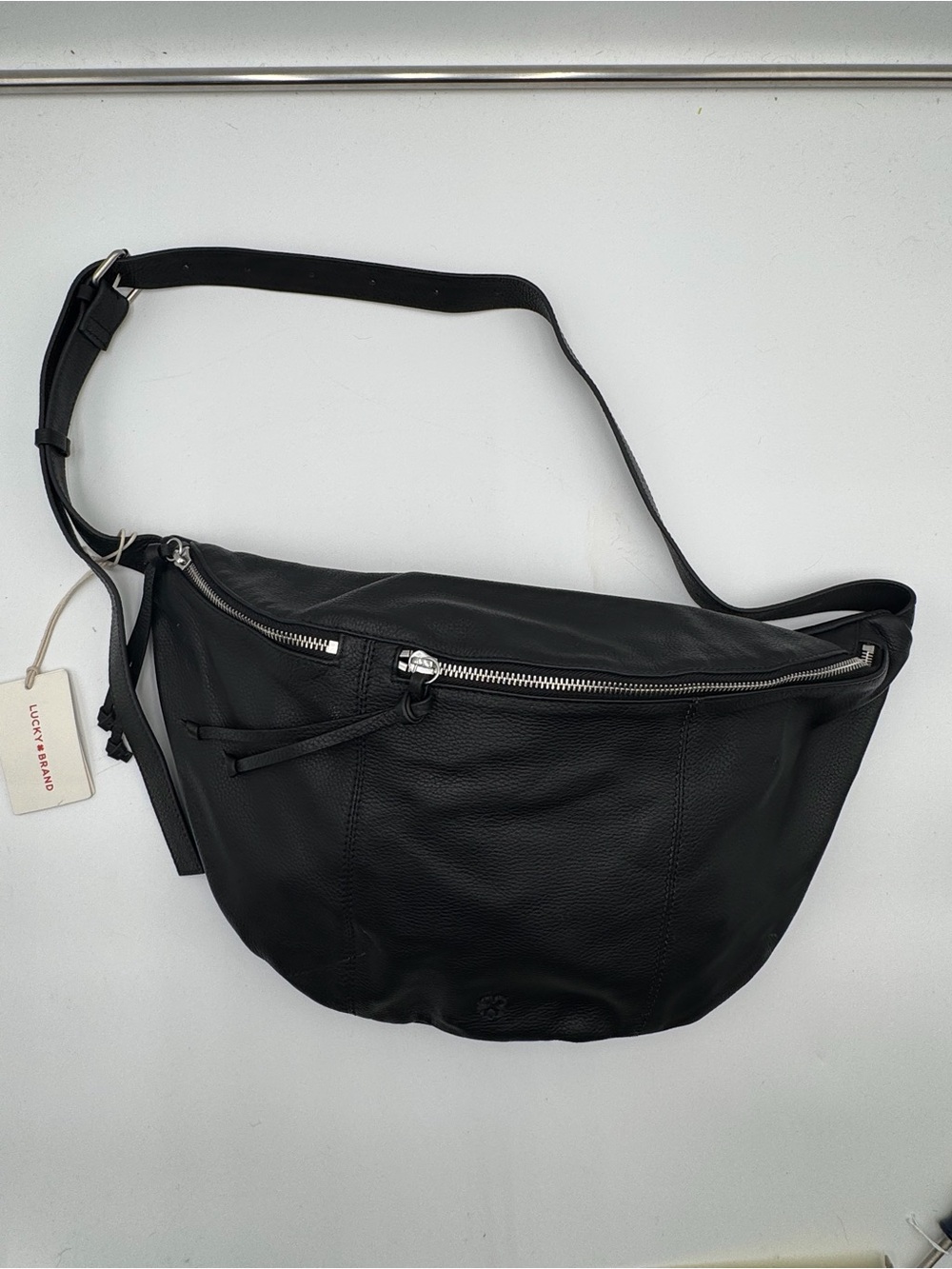 NWT Lucky Brand Black Genuine Leather Sling Crossbody Bag Adjustable Strap